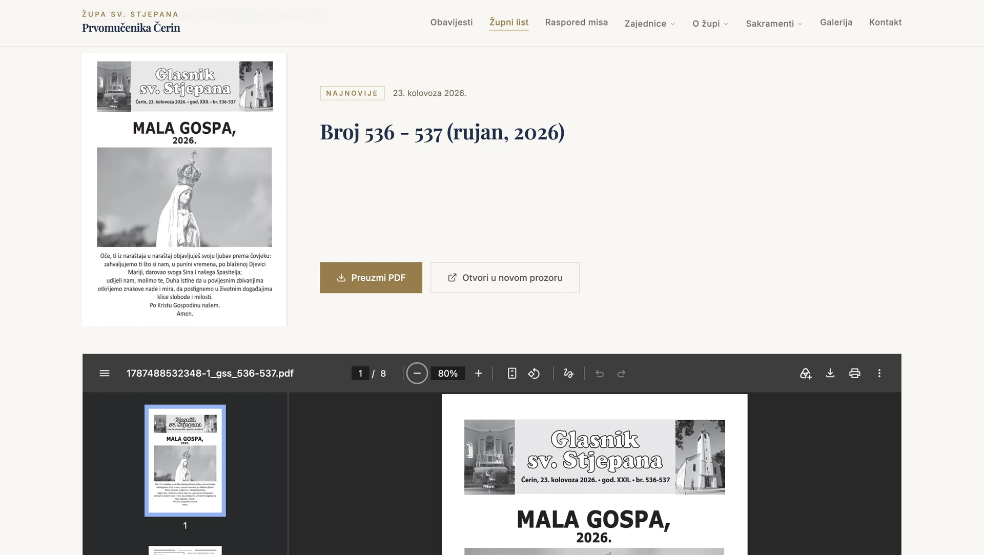 Stranica župnog lista s naslovnicom broja 536 i 537 i pregledom PDF-a ugrađenim u stranicu
