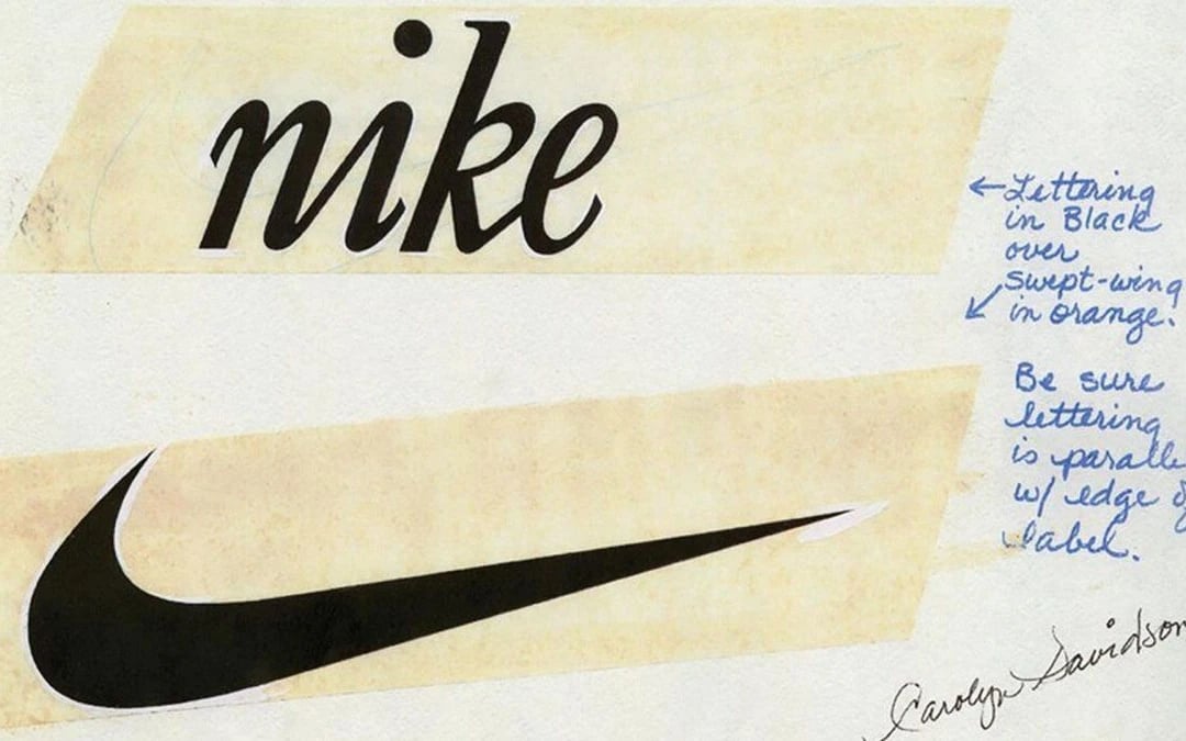 Originalna skica Carolyn Davidson: natpis nike i Swoosh na papiru, s rukom pisanim napomenama