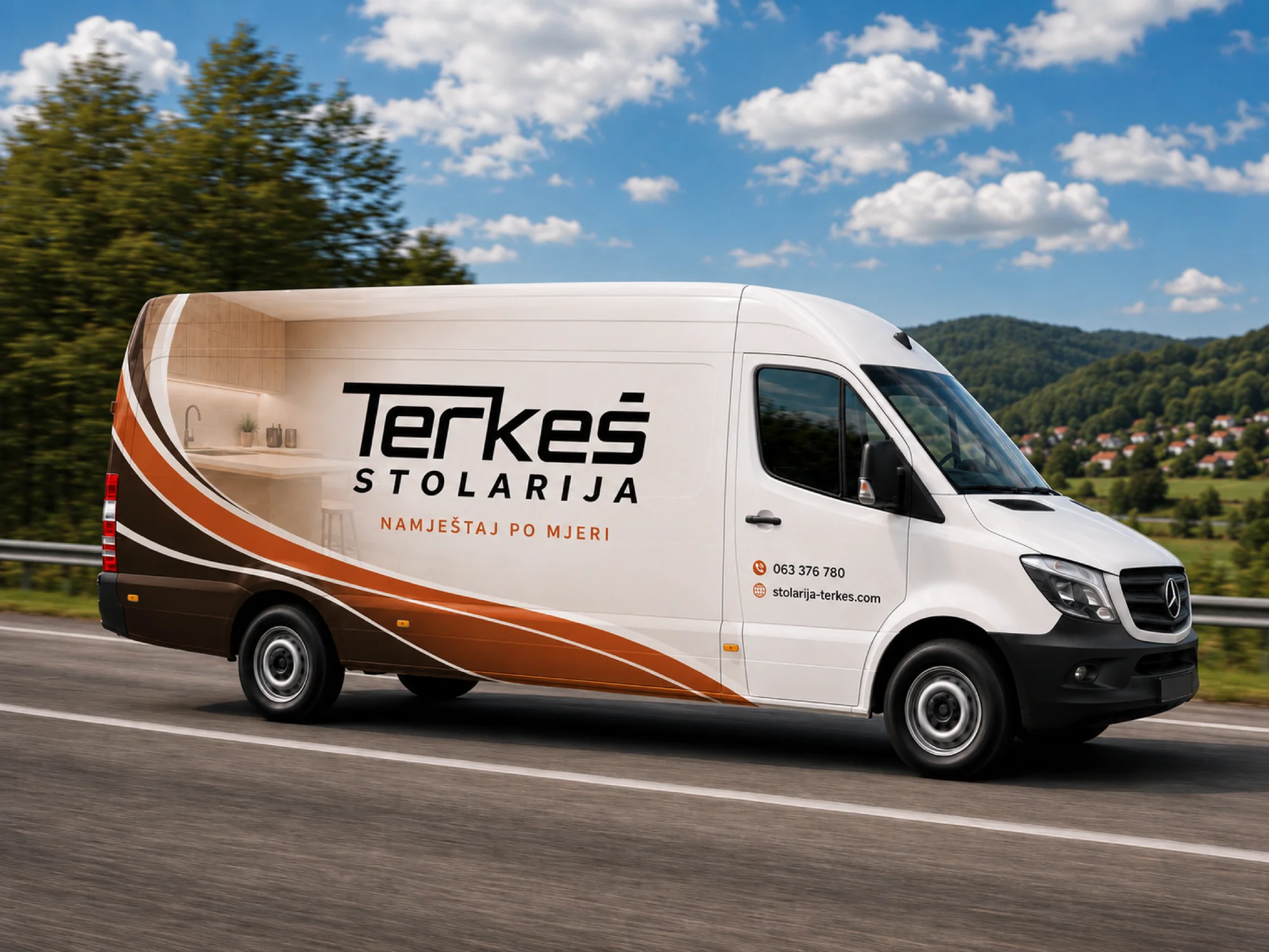 Stolarija Terkeš van with the identity applied: logo, the words Namještaj po mjeri (made-to-measure furniture), phone number and website address, in orange and brown